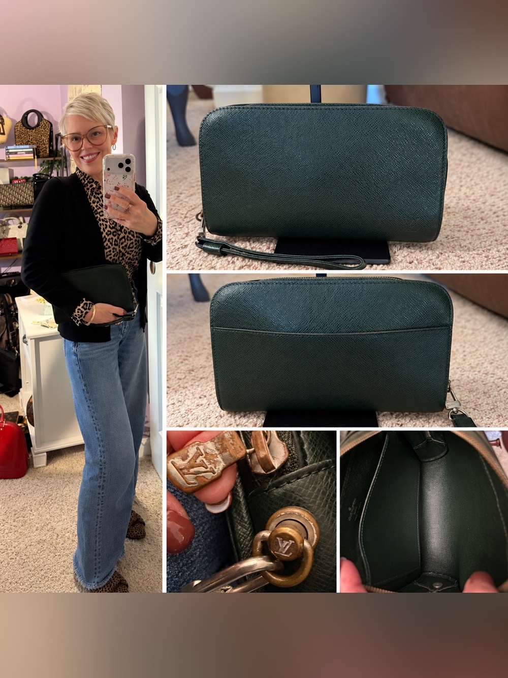 Louis Vuitton Green Saffiano Leather Wristlet Clutch